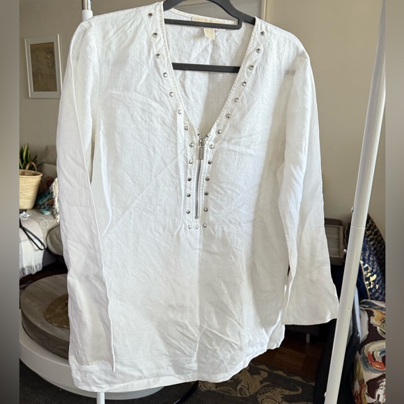 White V-Neck Tunic Linen Top - Picture 1 of 10